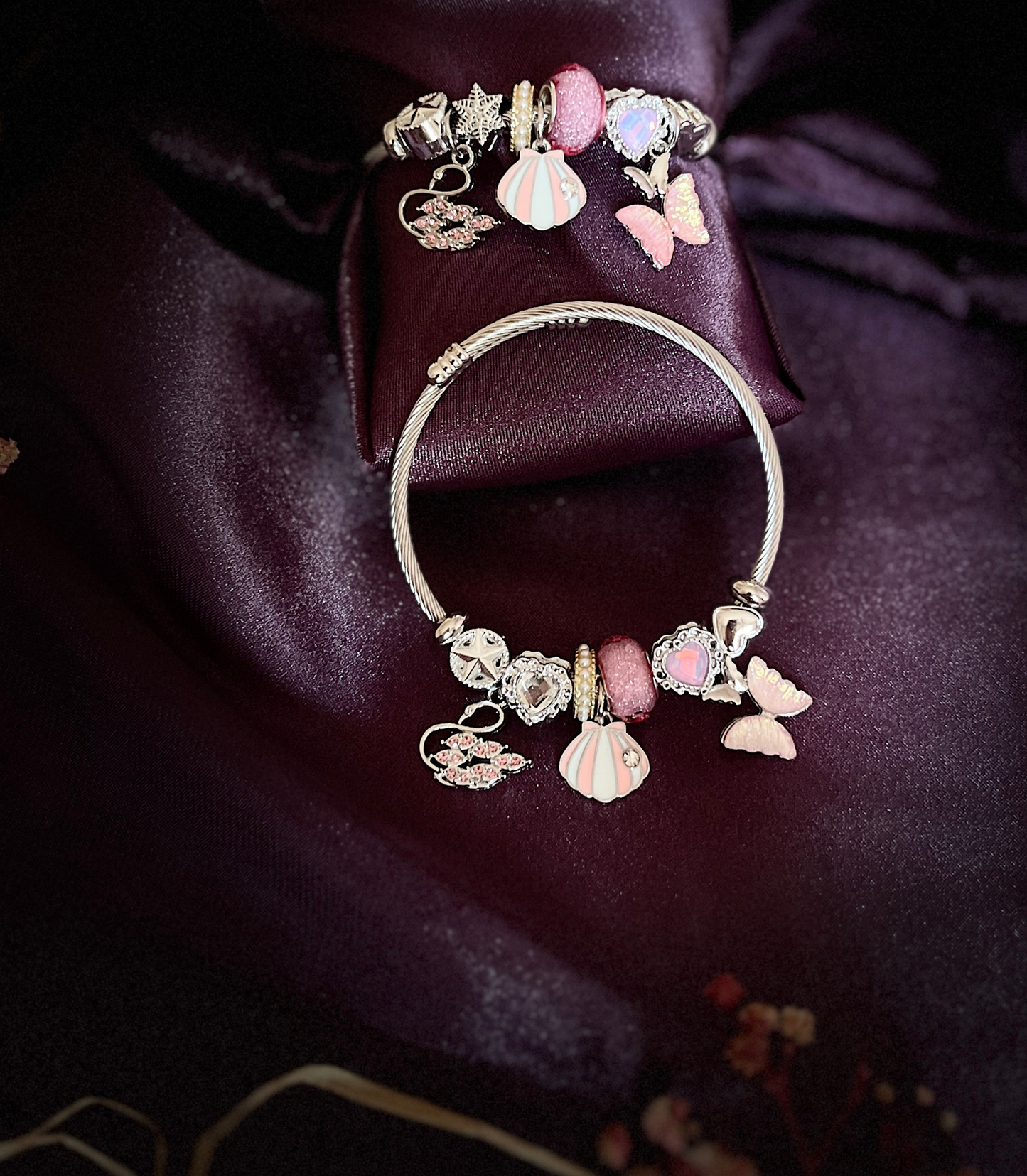 Kelebek ve Deniz Kabuğu Figürlü Çelik Pandora Charm Bileklik