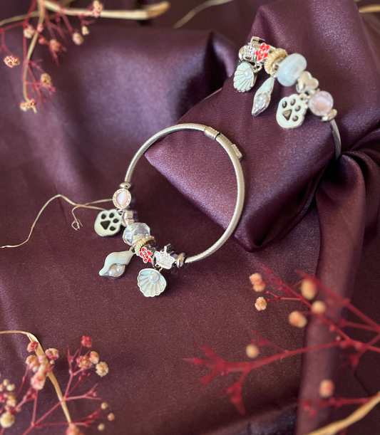 İstiridye Kelebek ve Kuğu Pati Figürlü Çelik Pandora Charm Bileklik