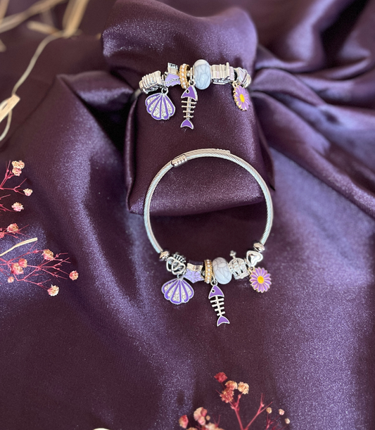 Deniz Kabuğu Balık ve Mor Papatya Figürlü Çelik Pandora Charm Bileklik