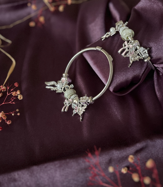 Kelebek ve İnci Kurdele Figürlü Çelik Pandora Charm Bileklik