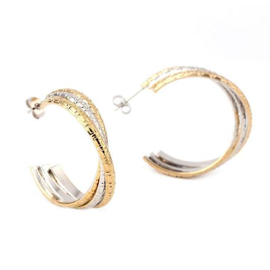 Premium Üç Sıra İşlenmiş Sarmal Burgu Küpe