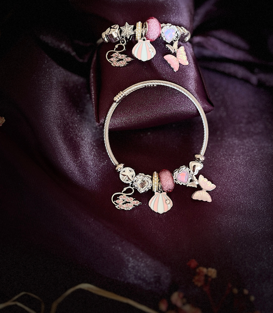 Kelebek ve Deniz Kabuğu Figürlü Çelik Pandora Charm Bileklik