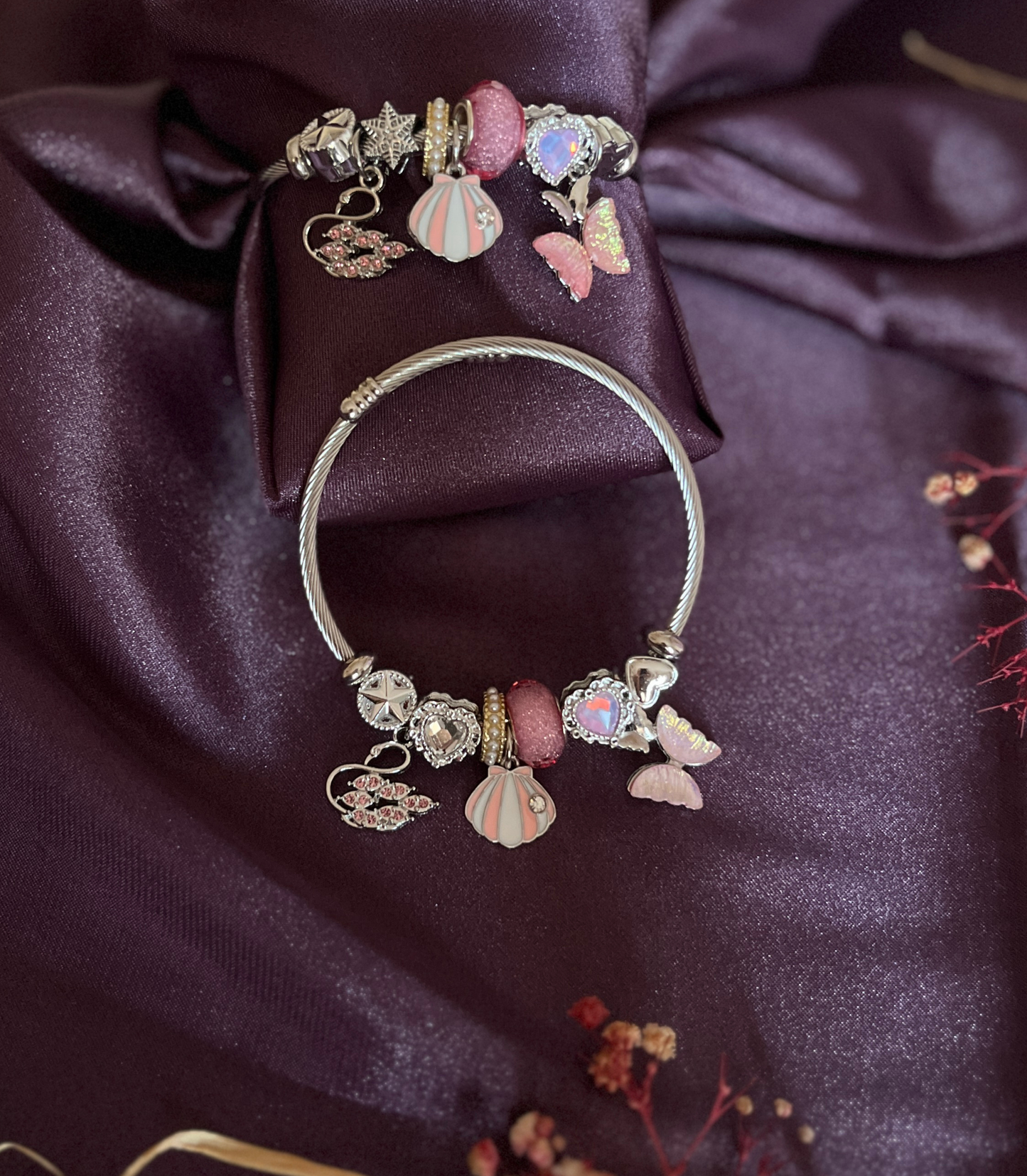 Kelebek ve Deniz Kabuğu Figürlü Çelik Pandora Charm Bileklik