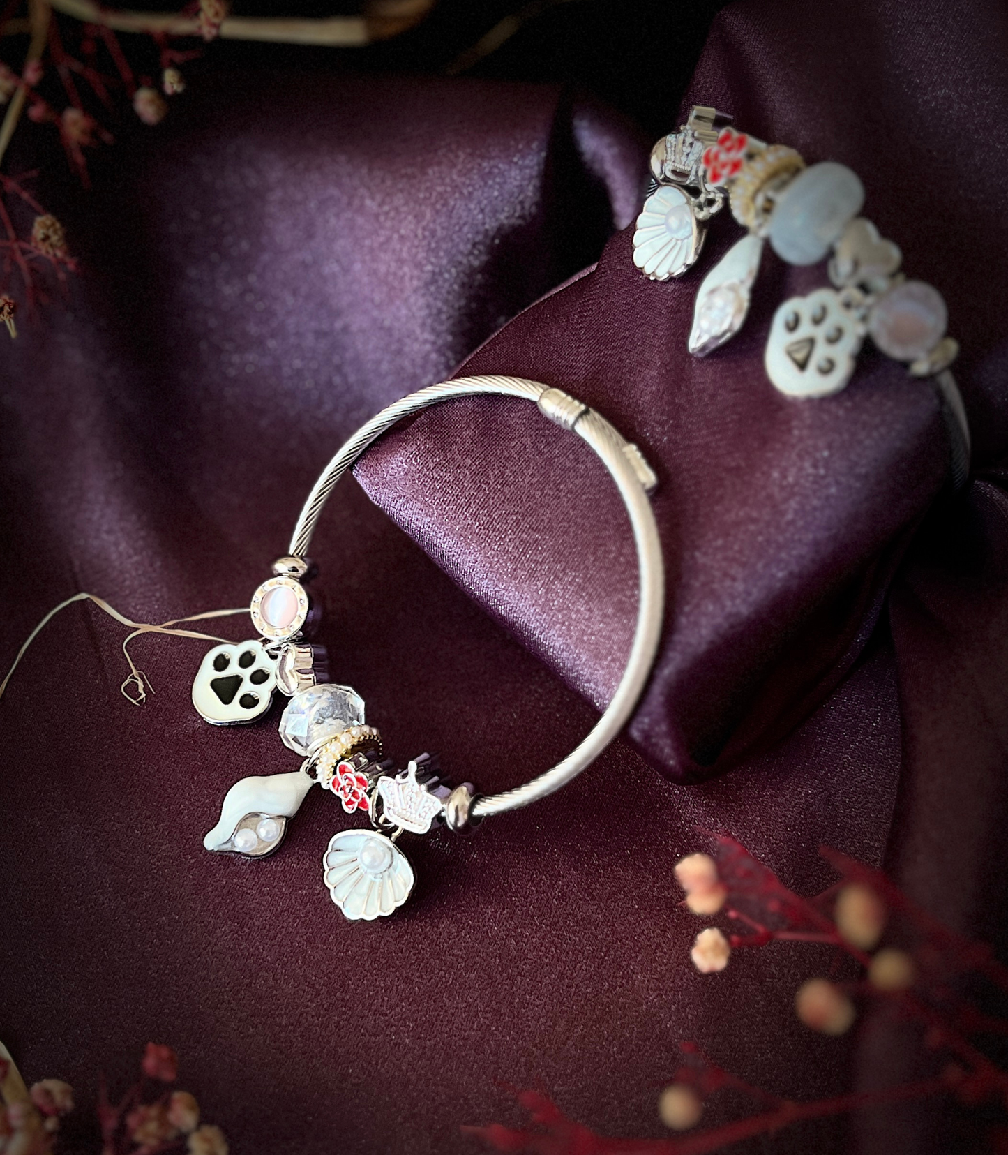 İstiridye Kelebek ve Kuğu Pati Figürlü Çelik Pandora Charm Bileklik