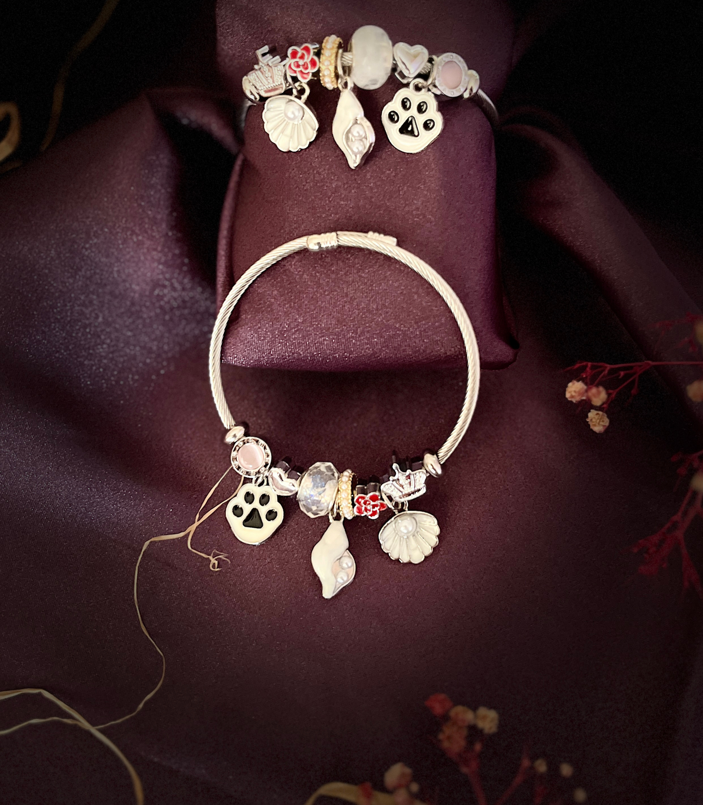 İstiridye Kelebek ve Kuğu Pati Figürlü Çelik Pandora Charm Bileklik