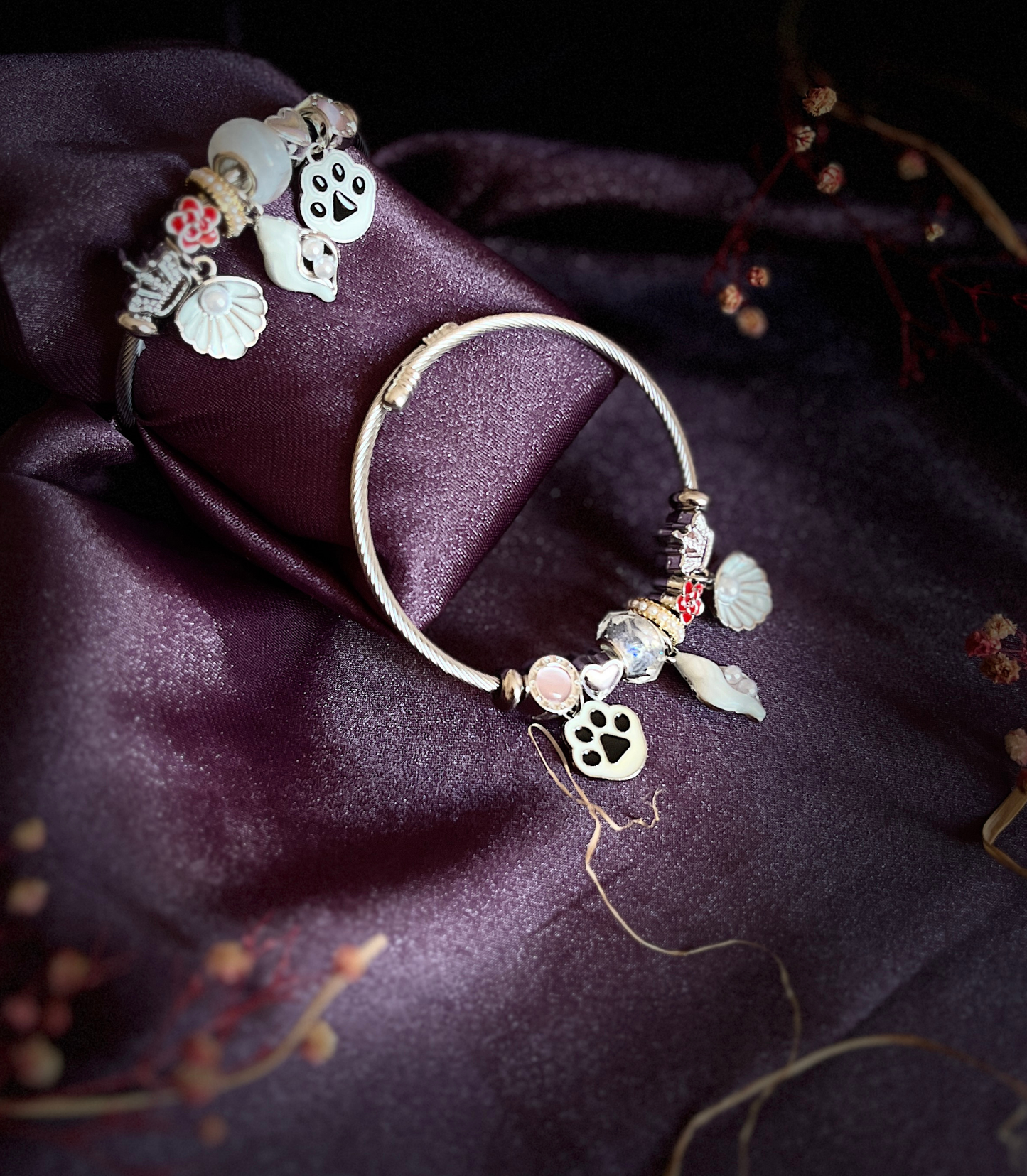 İstiridye Kelebek ve Kuğu Pati Figürlü Çelik Pandora Charm Bileklik