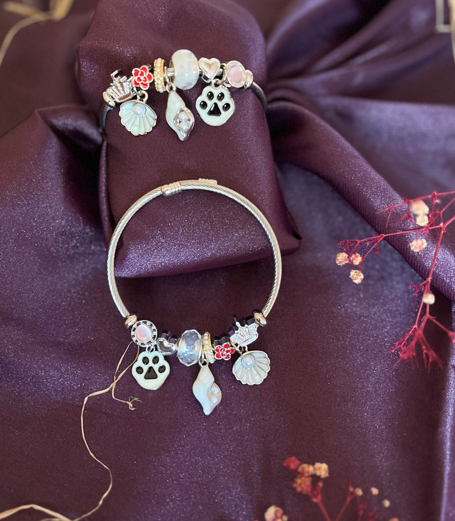 İstiridye Kelebek ve Kuğu Pati Figürlü Çelik Pandora Charm Bileklik
