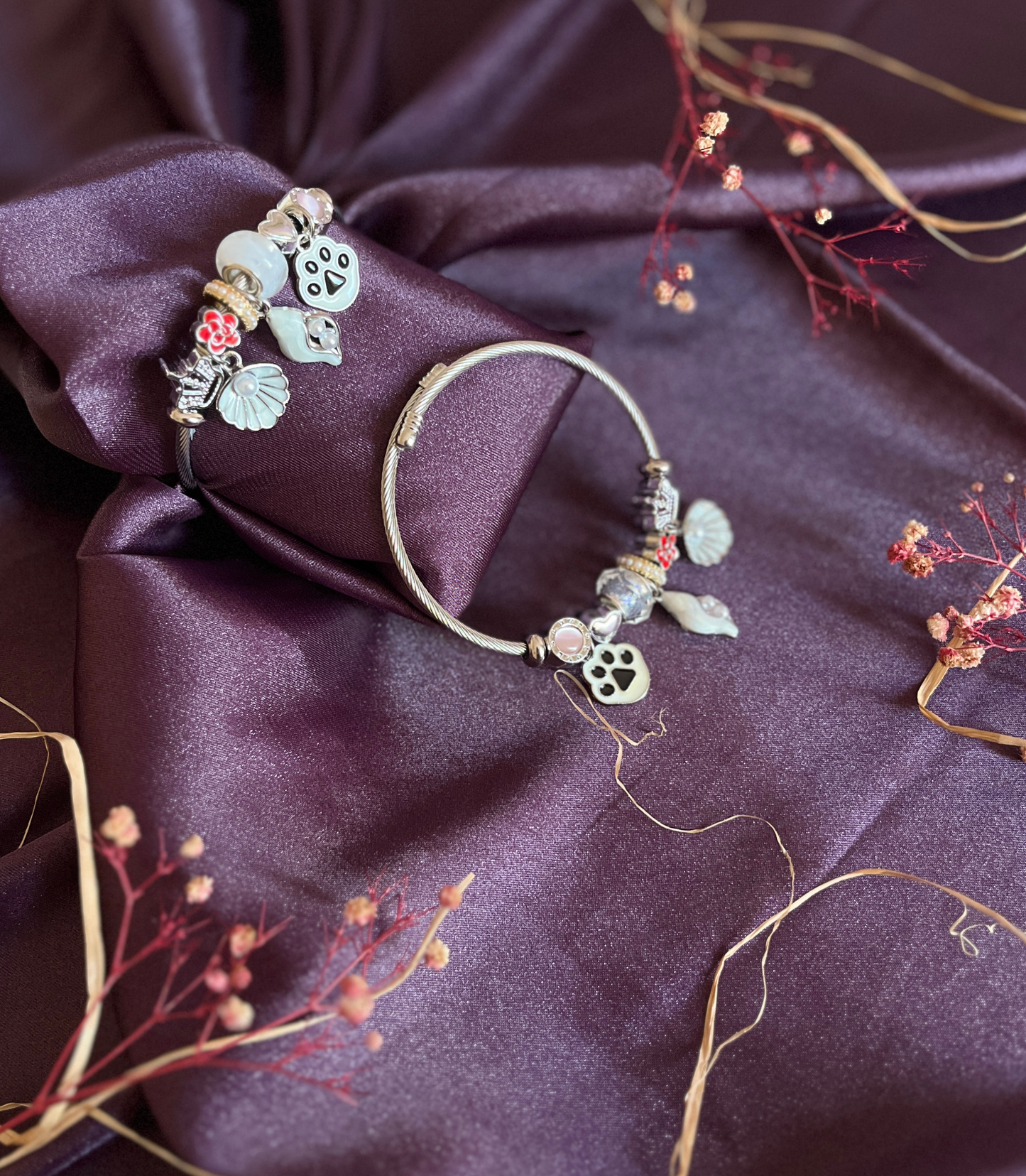 İstiridye Kelebek ve Kuğu Pati Figürlü Çelik Pandora Charm Bileklik