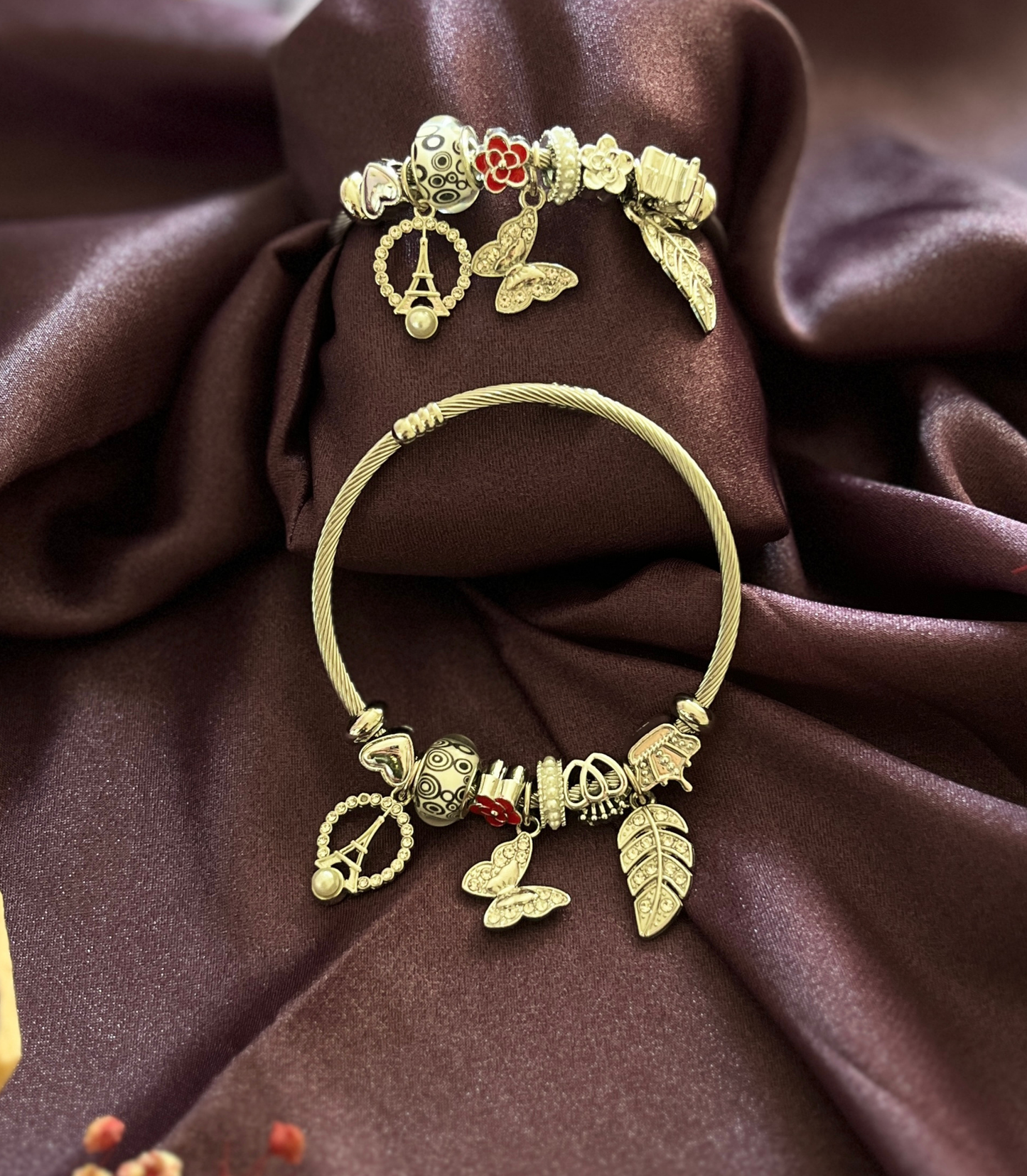 Eyfel Kulesi ve Gri Kelebek Figürlü Çelik Pandora Charm Bileklik