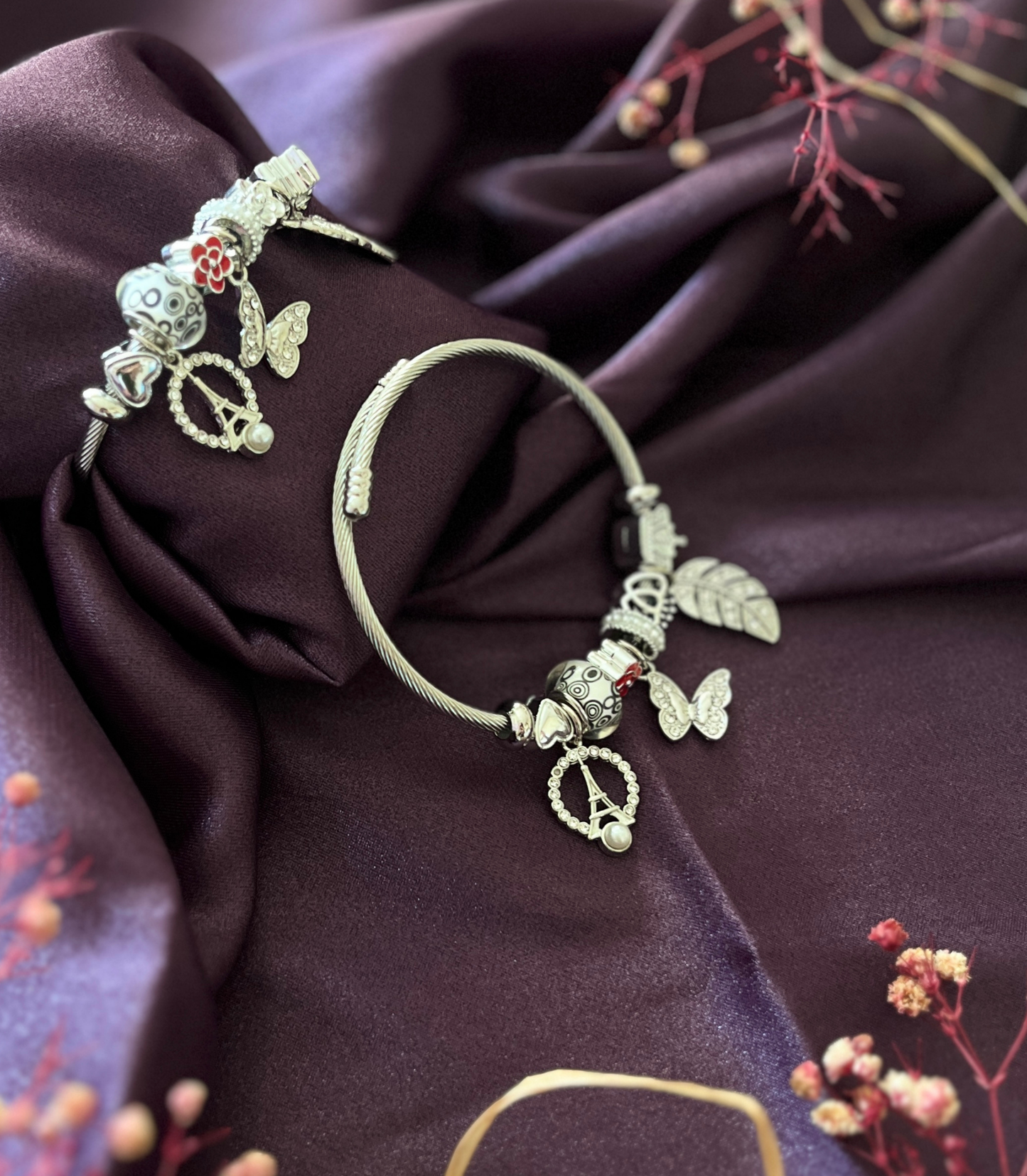 Eyfel Kulesi ve Gri Kelebek Figürlü Çelik Pandora Charm Bileklik