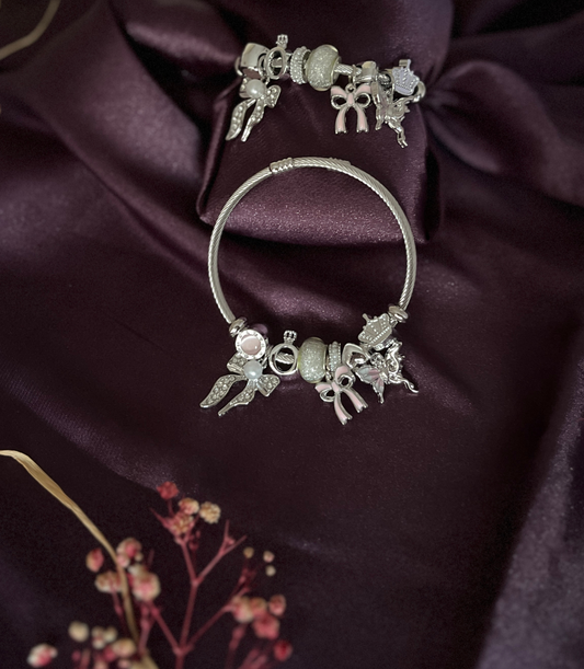 Kelebek ve İnci Kurdele Figürlü Çelik Pandora Charm Bileklik