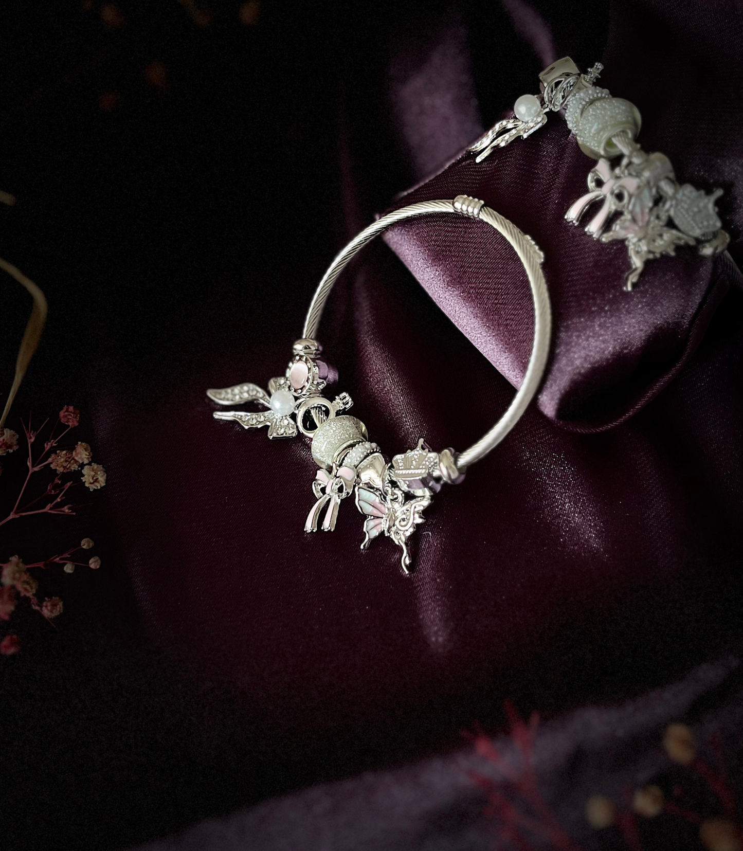 Kelebek ve İnci Kurdele Figürlü Çelik Pandora Charm Bileklik